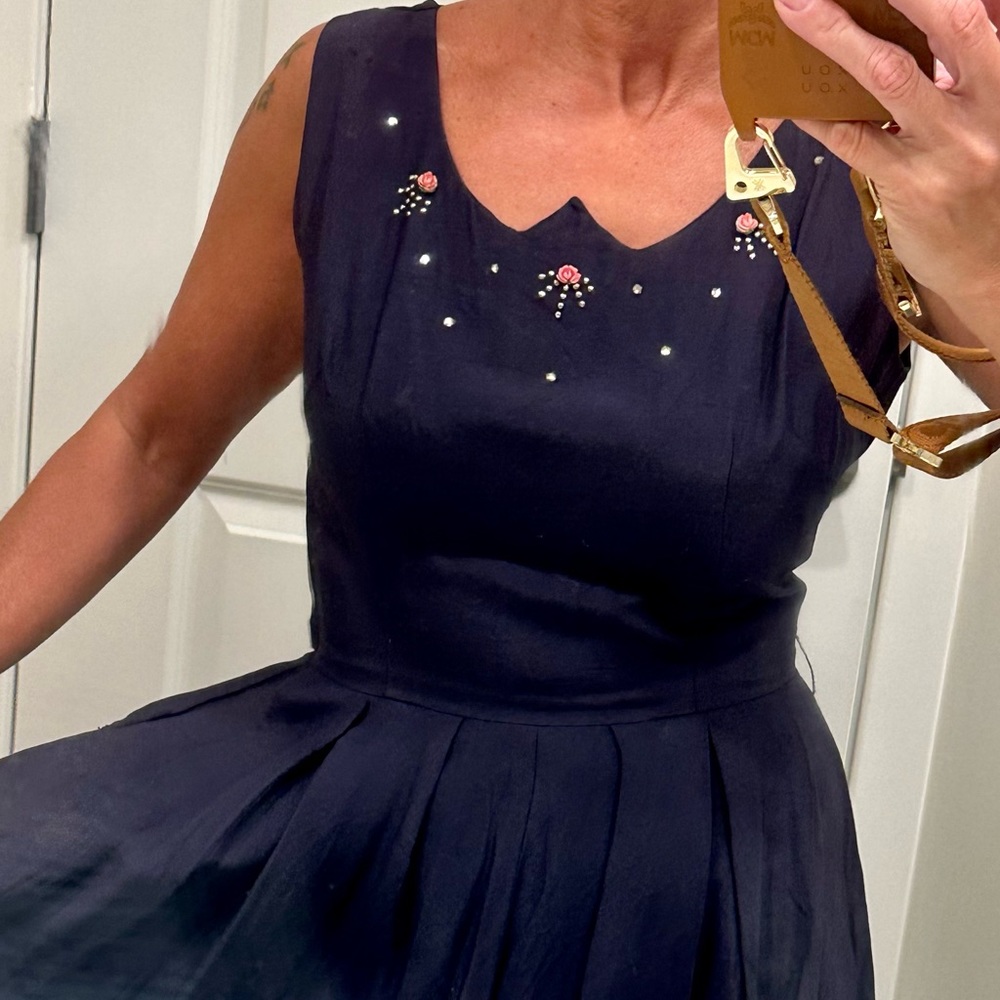 Unique Vintage 1950’s Navy Dress With Crystals & Flowers Small
